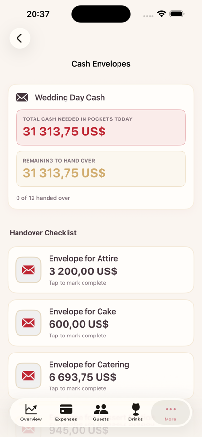 Cash envelopes screen